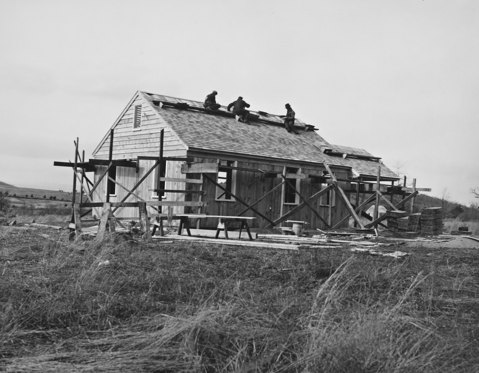 Roofing team at work