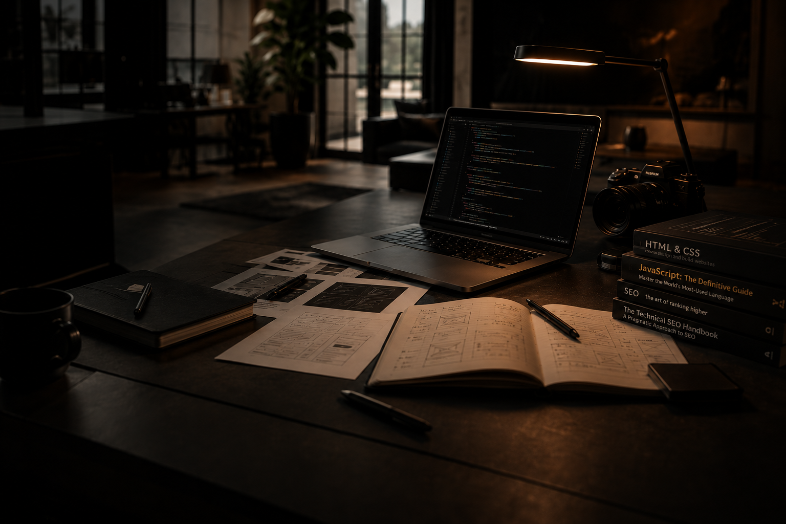 Rainer at his desk — code, camera, books, the work